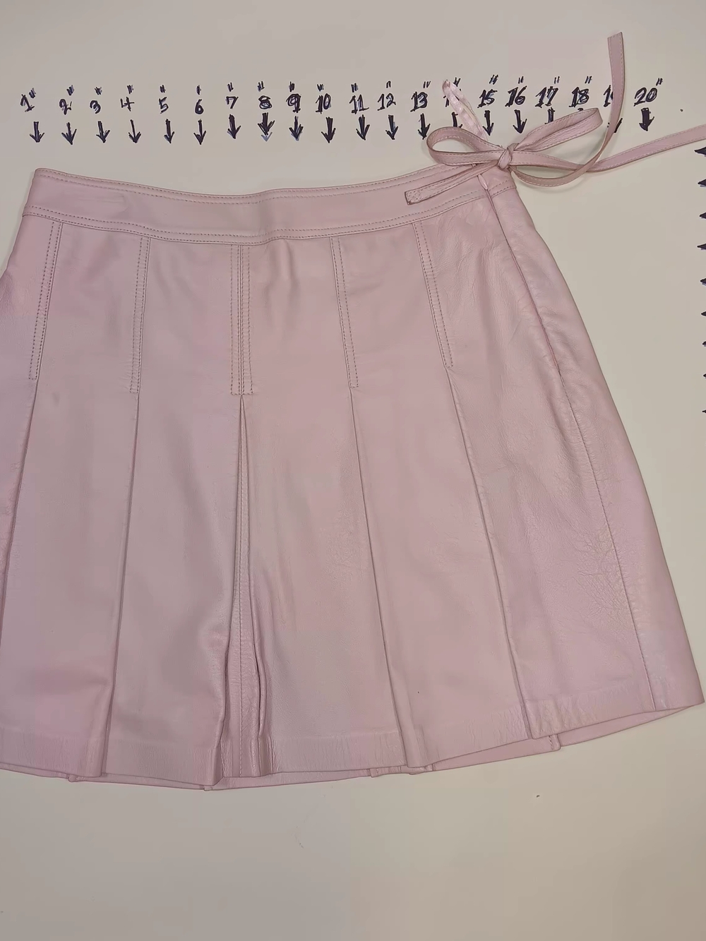 Pleated Light Pink Leather Mini Skirt with Waist Tie